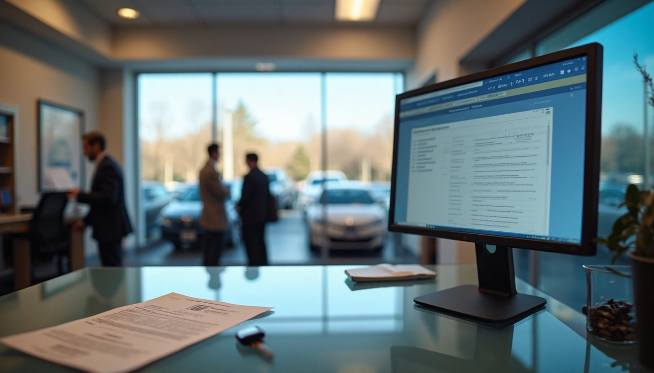 Ohio car dealership office with car title documents and electronic vehicle registration on screen, illustrating real-world use of the Ohio title system.