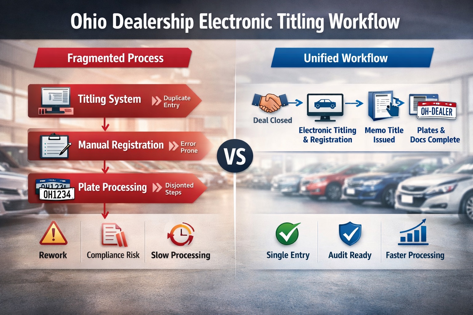 Ohio dealership electronic titling workflow showing unified registration and plating process