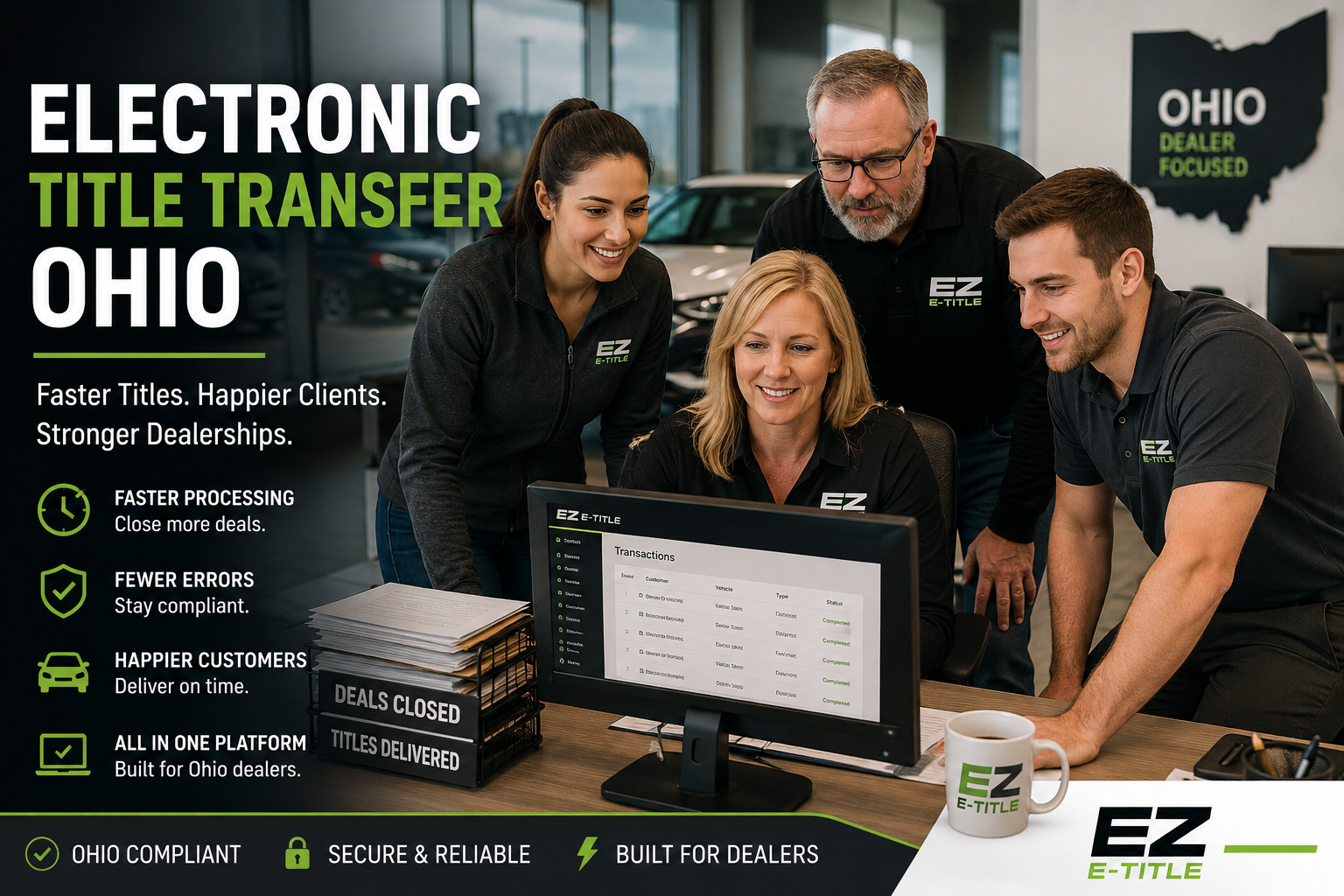 Electronic title transfer Ohio dealership team reviewing title processing, registration, and plating workflow