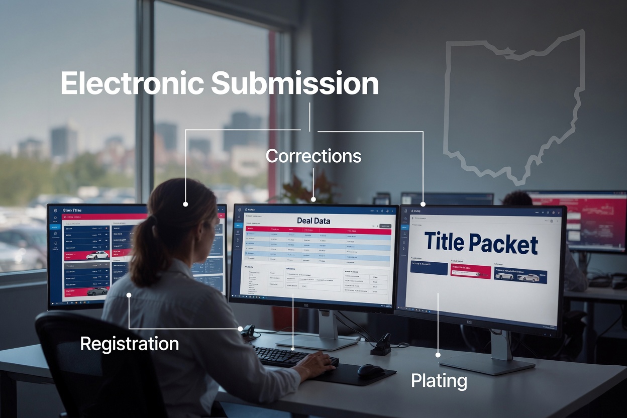 Ohio dealer title processing software showing dealership title registration and plating workflow